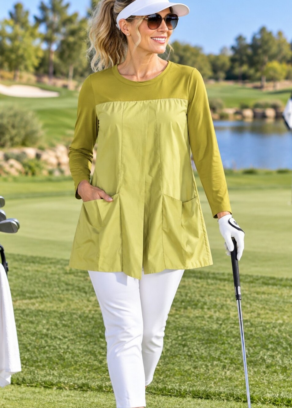 A D Leports Pullover Top Women's Sz M ? Golf Activewear Yellow Pockets